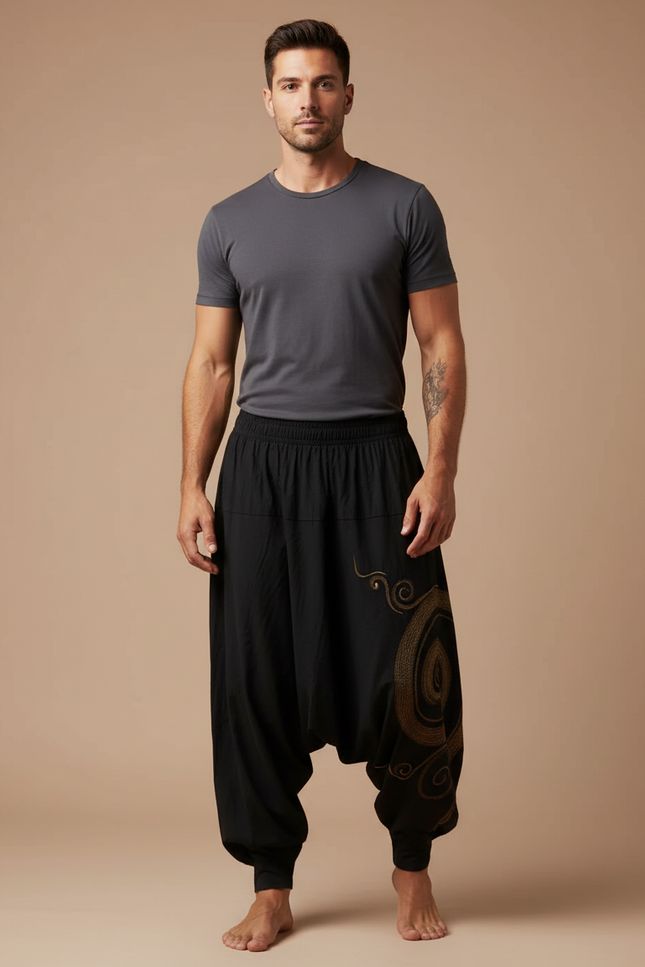 Pantalon Parachute Noir Ample Bohème Brodé Homme - Coton