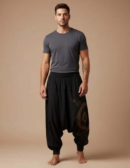 Pantalon Parachute Noir Ample Bohème Brodé Homme - Coton