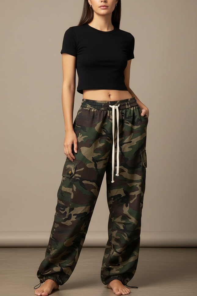Pantalon Parachute Camouflage Cargo Ample Streetwear Femme - Multicolore Toile