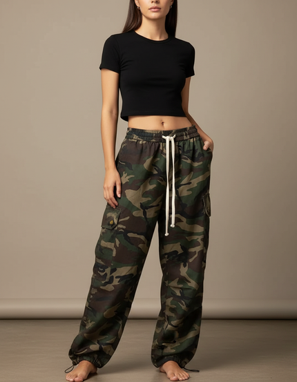Pantalon Parachute Camouflage Cargo Ample Streetwear Femme - Multicolore Toile