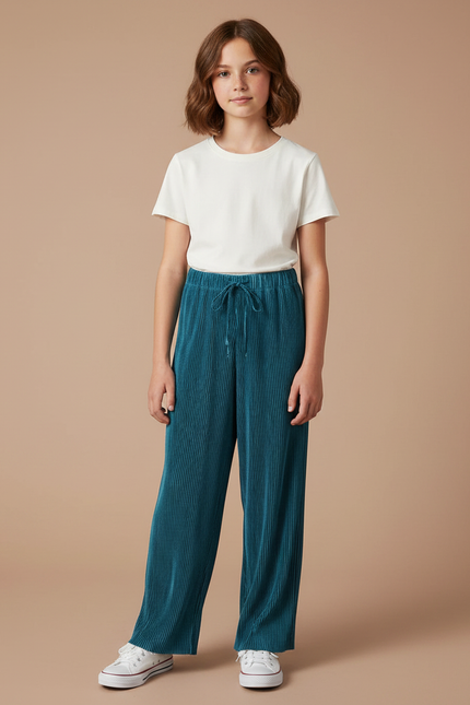Pantalon Parachute Plissé Ample Fluide Bleu Pétrole - Polyester