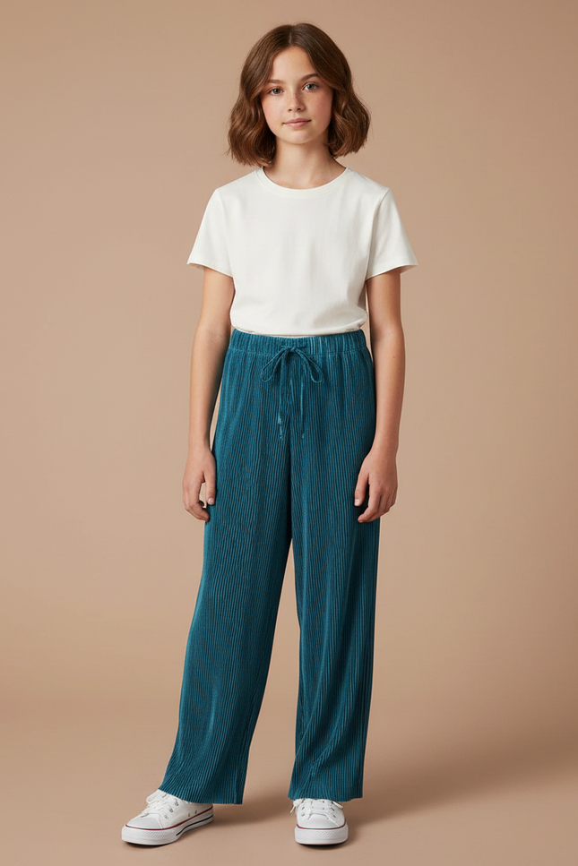 Pantalon Parachute Plissé Ample Fluide Bleu Pétrole - Polyester