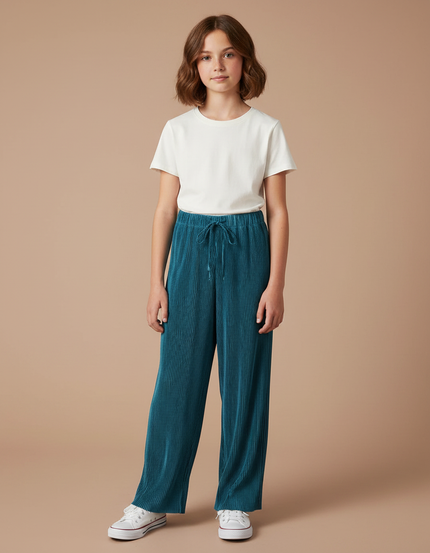 Pantalon Parachute Plissé Ample Fluide Bleu Pétrole - Polyester