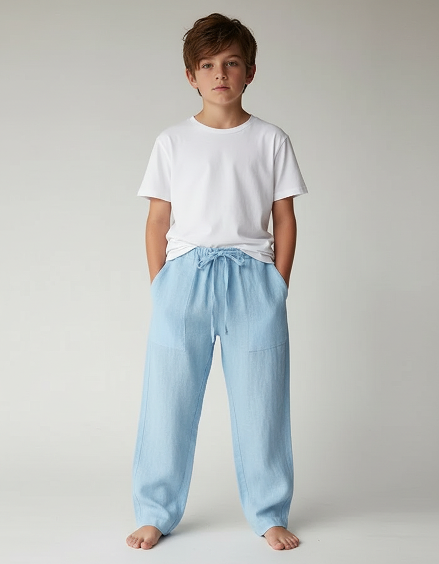 Pantalon Parachute Bleu Ciel Lin Ample Enfant