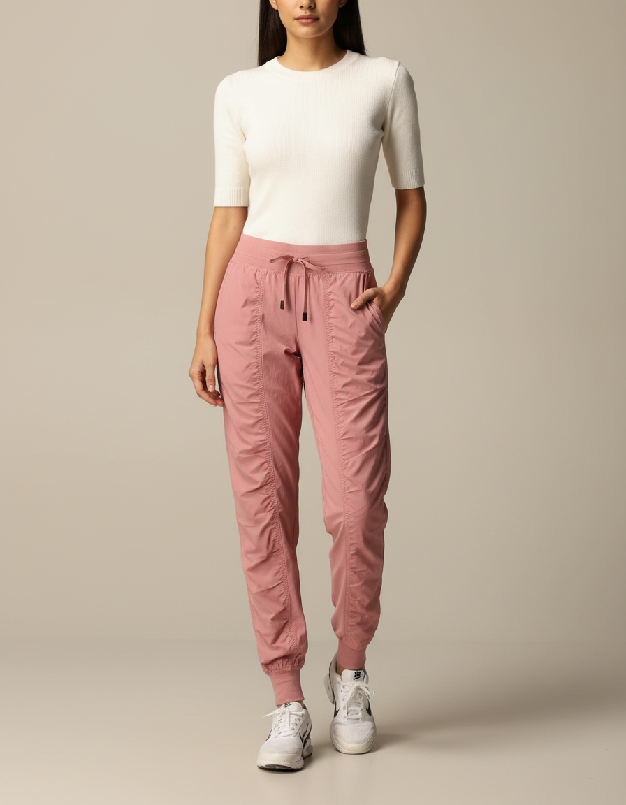 Pantalon Parachute Rose Cordon Froncé Fluide Sport - Polyester