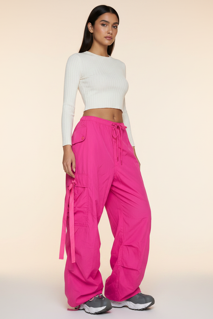 Pantalon Parachute Rose Vif Ample Cargo Streetwear - Polyester