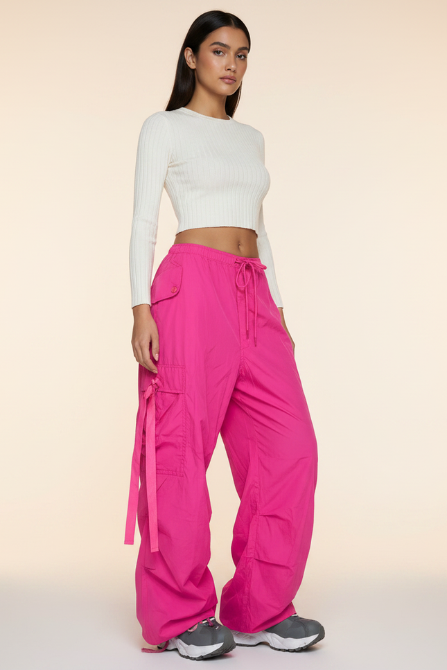 Pantalon Parachute Rose Vif Ample Cargo Streetwear - Polyester
