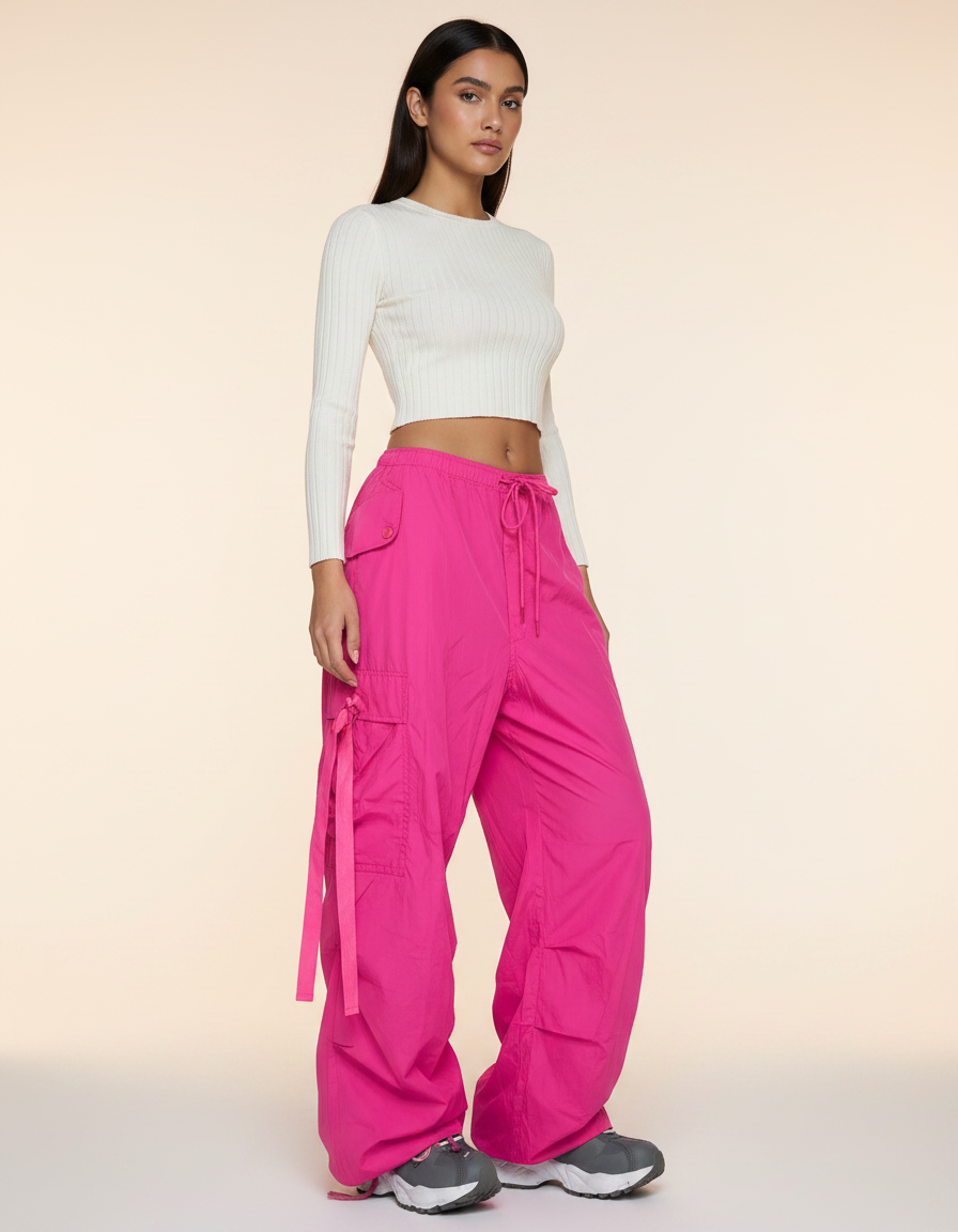 Pantalon Parachute Rose Vif Ample Cargo Streetwear - Polyester