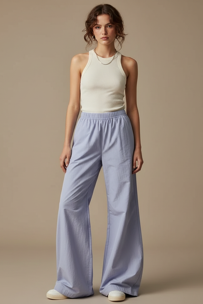 Pantalon Parachute Fluide Ample Taille Haute Bleu Clair - Coton