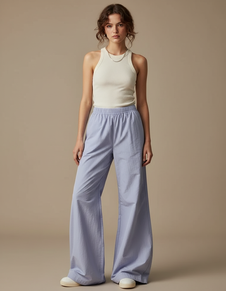 Pantalon Parachute Fluide Ample Taille Haute Bleu Clair - Coton