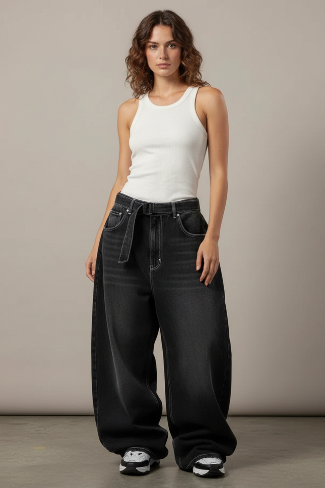 Pantalon Parachute Gris Délavé Ample Denim Femme Streetwear - Jean