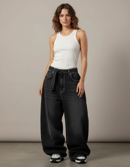 Pantalon Parachute Gris Délavé Ample Denim Femme Streetwear - Jean