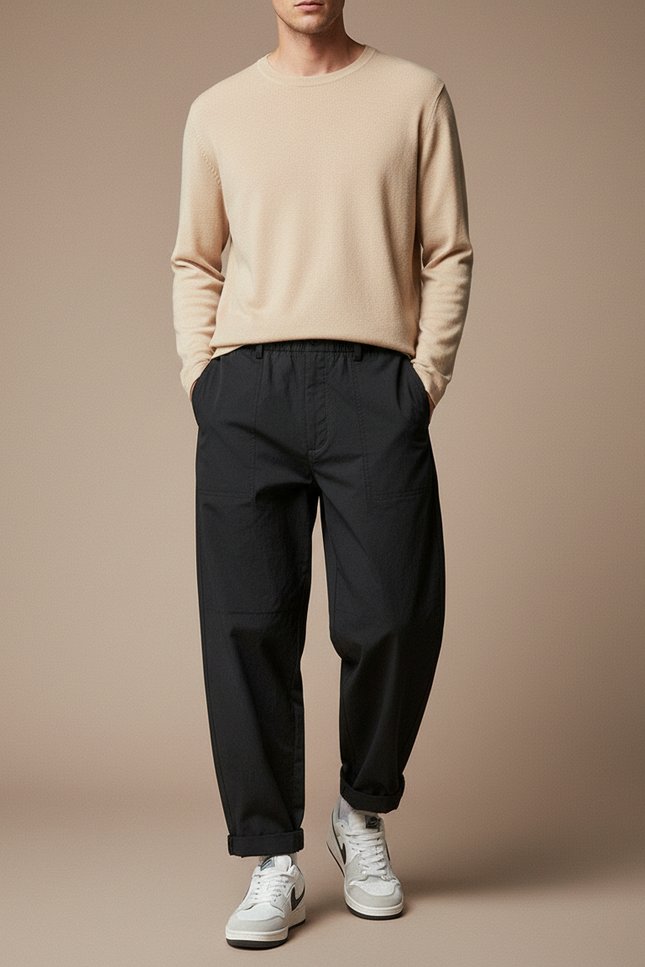 Pantalon Parachute Noir Ample Coton Homme Décontracté - Toile