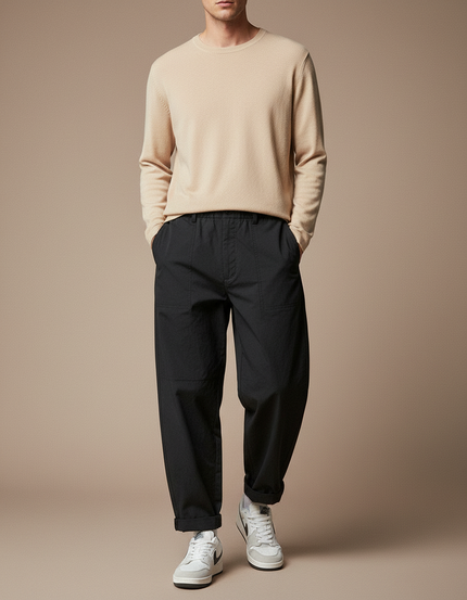 Pantalon Parachute Noir Ample Coton Homme Décontracté - Toile