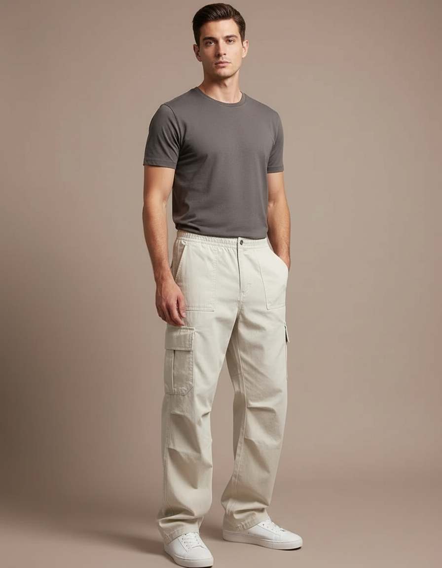Pantalon Parachute Homme Beige Baggy - Toile