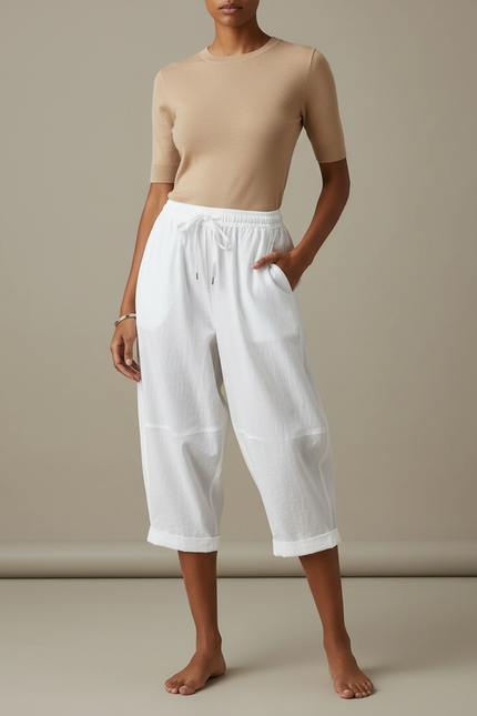 Pantalon Parachute Blanc Coton Lin Ample Décontracté Cordon