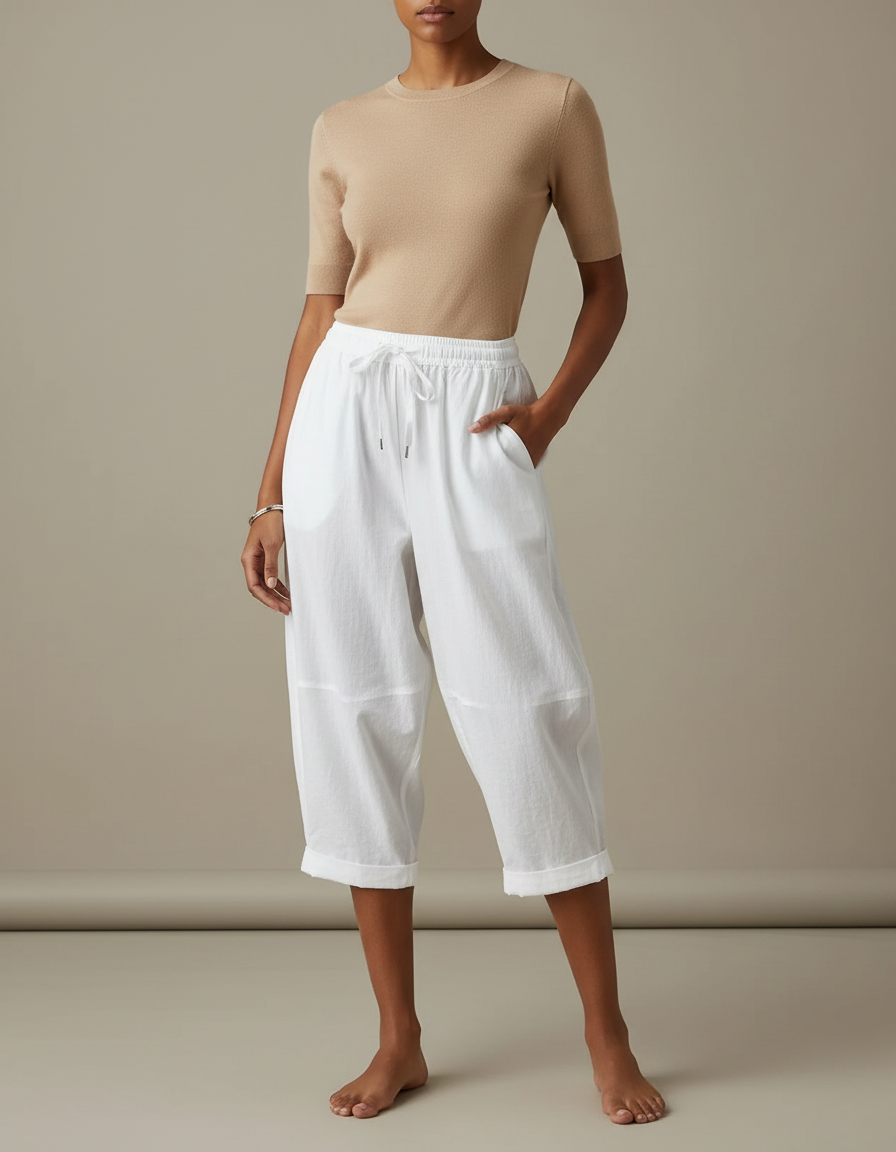 Pantalon Parachute Blanc Coton Lin Ample Décontracté Cordon