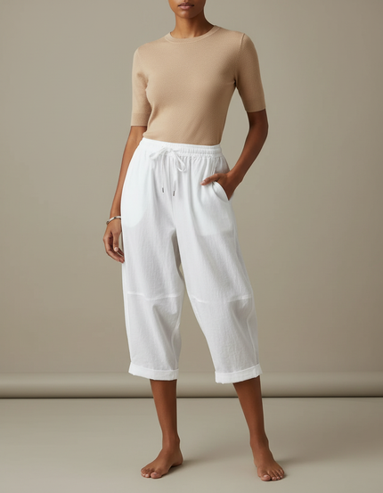 Pantalon Parachute Blanc Coton Lin Ample Décontracté Cordon
