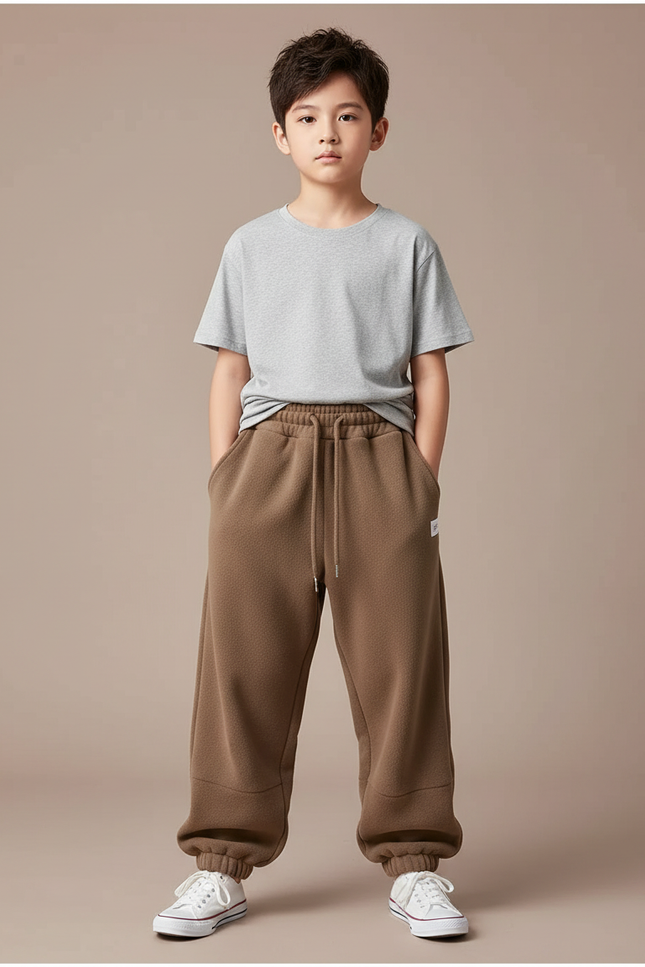 Pantalon Parachute Marron Molleton Ample Enfant Décontracté Cordon