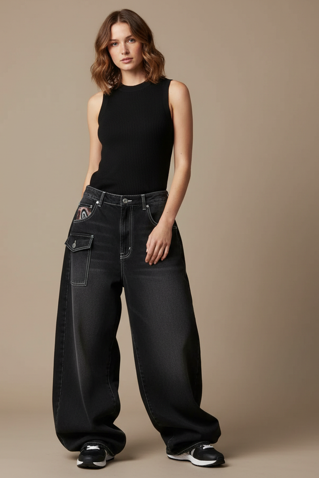 Pantalon Parachute Noir Délavé Ample Imprimé Denim Femme Y2K - Jean