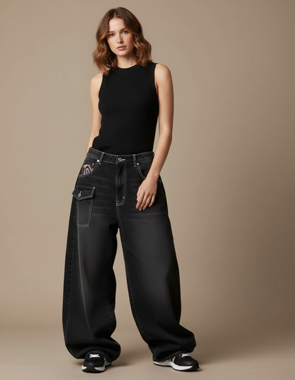 Pantalon Parachute Noir Délavé Ample Imprimé Denim Femme Y2K - Jean