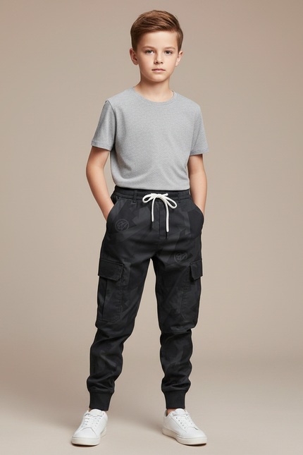 Pantalon Parachute Cargo Camouflage Noir Cordon Enfant - Toile