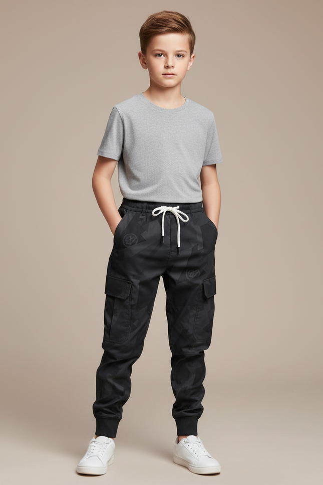 Pantalon Parachute Cargo Camouflage Noir Cordon Enfant - Toile