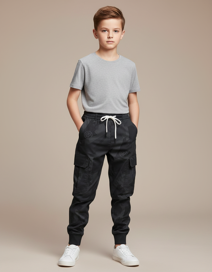 Pantalon Parachute Cargo Camouflage Noir Cordon Enfant - Toile