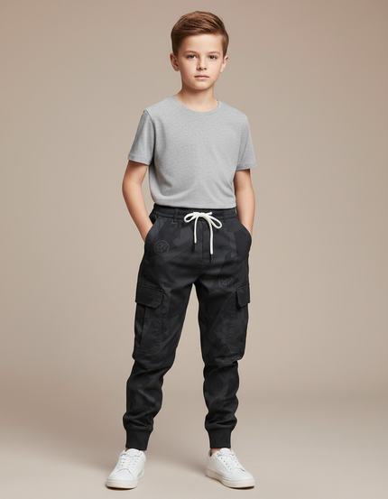 Pantalon Parachute Cargo Camouflage Noir Cordon Enfant - Toile
