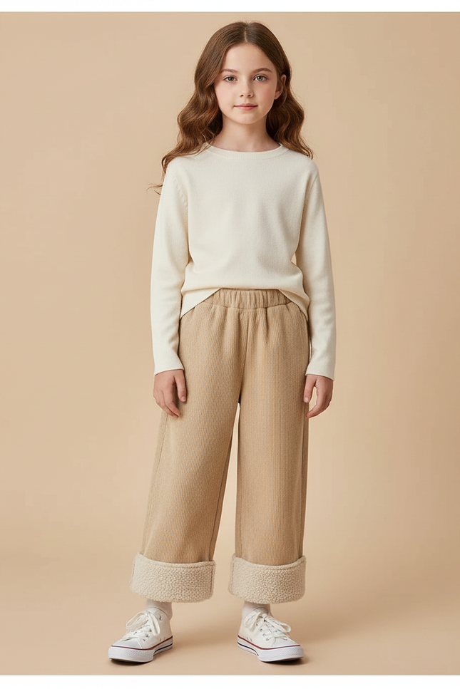 Pantalon Parachute Beige Côtelé Doublé Sherpa Enfant - Cordé