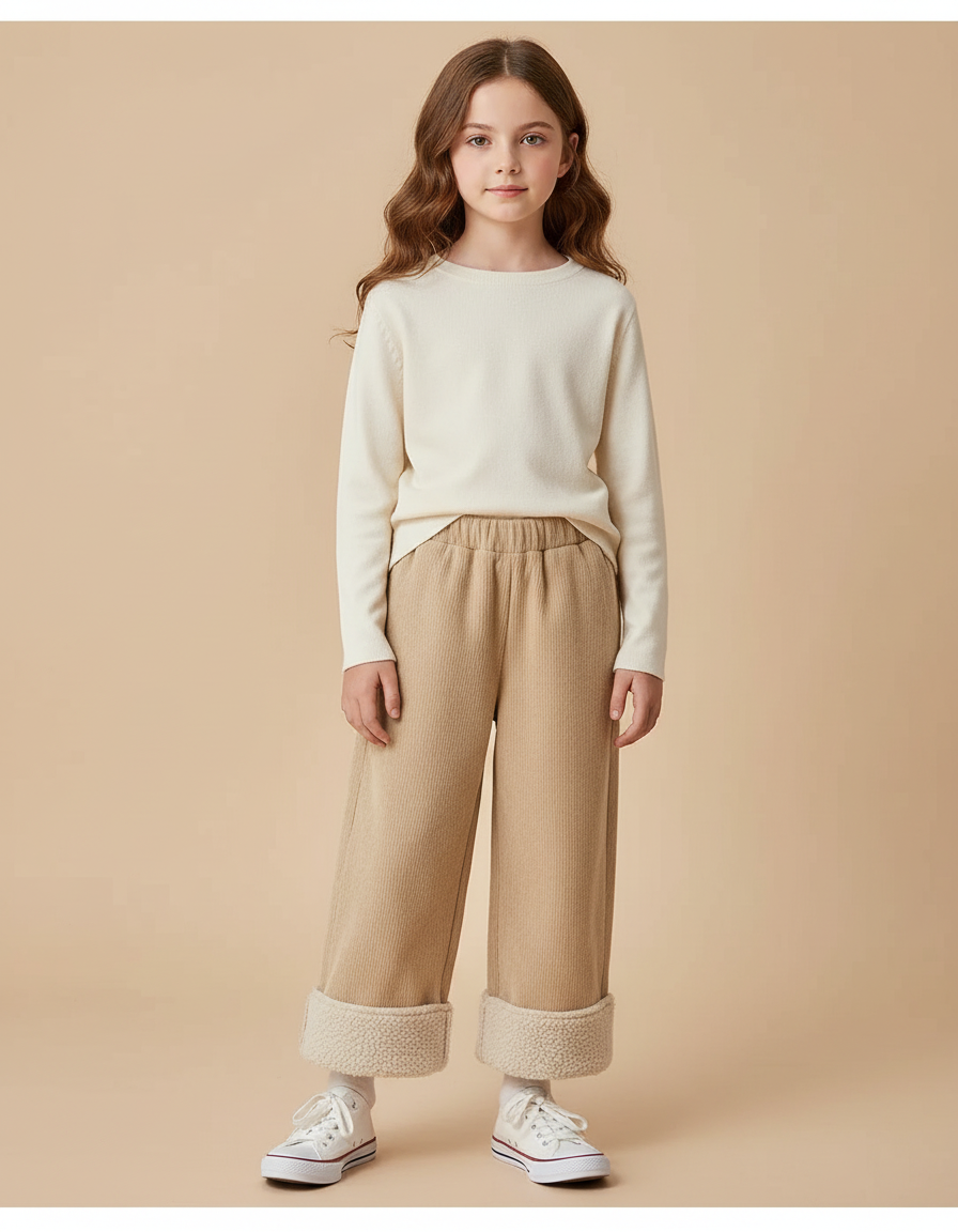 Pantalon Parachute Beige Côtelé Doublé Sherpa Enfant - Cordé
