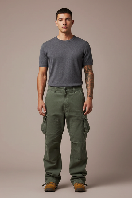 Pantalon Parachute Vert Cargo Ample Militaire Homme - Kaki Toile