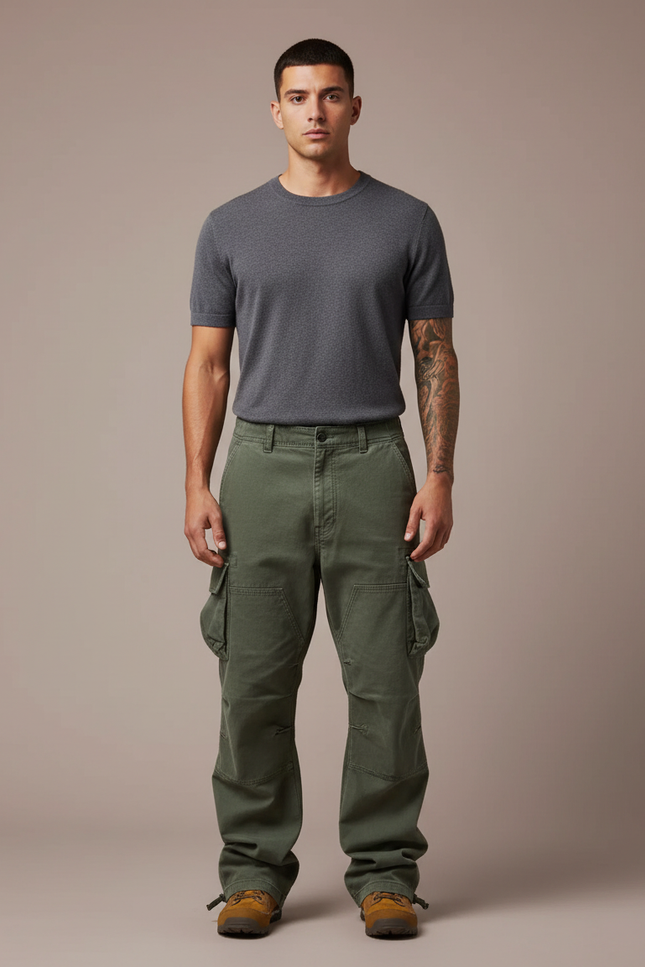 Pantalon Parachute Vert Cargo Ample Militaire Homme - Kaki Toile