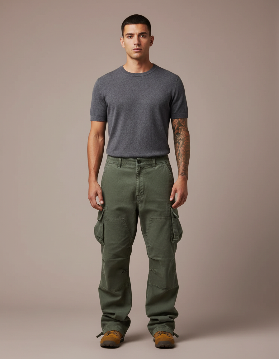 Pantalon Parachute Vert Cargo Ample Militaire Homme - Kaki Toile