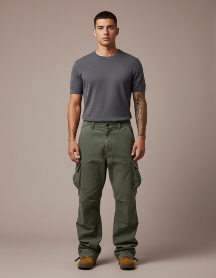 Pantalon Parachute Vert Cargo Ample Militaire Homme - Kaki Toile