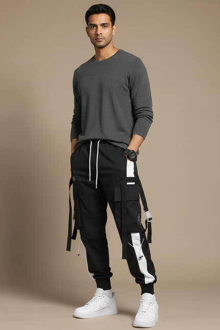 Pantalon Parachute Noir Cargo Techwear Ample Homme - Polyester