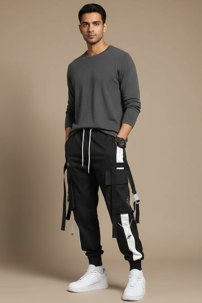 Pantalon Parachute Noir Cargo Techwear Ample Homme - Polyester