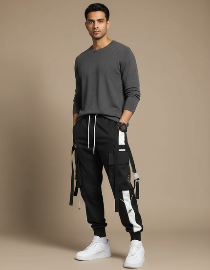 Pantalon Parachute Noir Cargo Techwear Ample Homme - Polyester