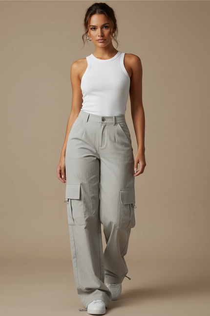 Pantalon Parachute Femme Gris Cargo - Polyester