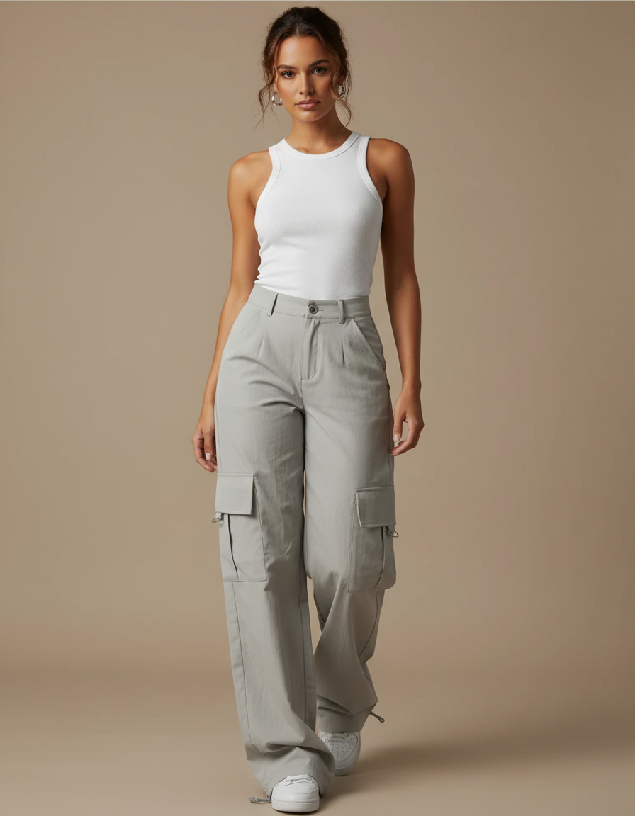 Pantalon Parachute Femme Gris Cargo - Polyester