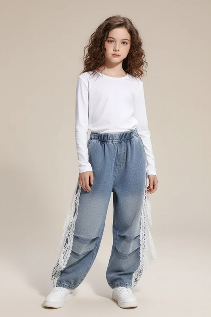 Pantalon Parachute Denim Bleu Ample Dentelle Fille - Jean