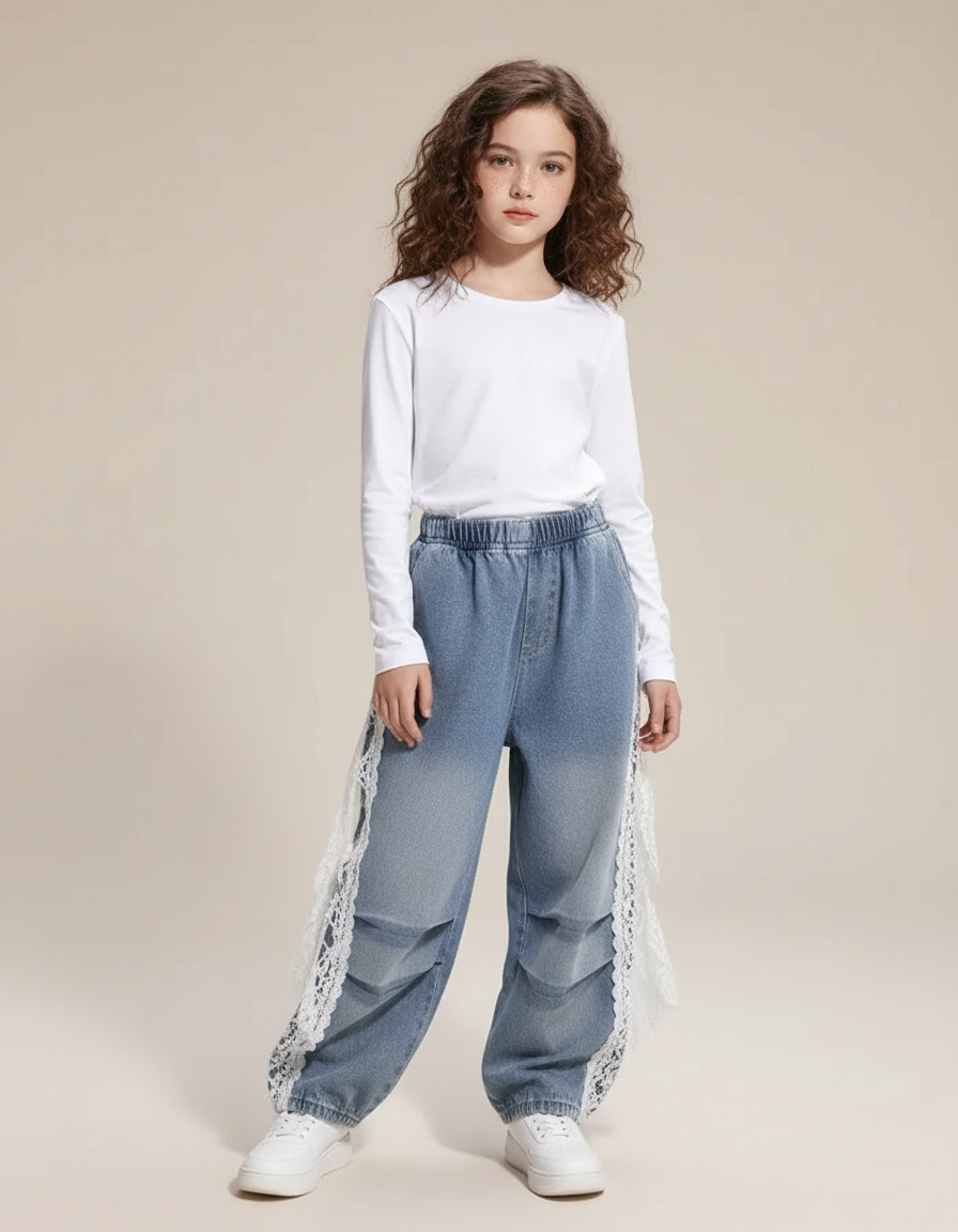 Pantalon Parachute Denim Bleu Ample Dentelle Fille - Jean