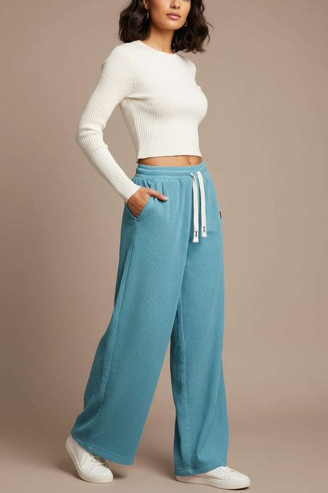 Pantalon Parachute Côtelé Ample Bleu Cordon Confortable - Cordé