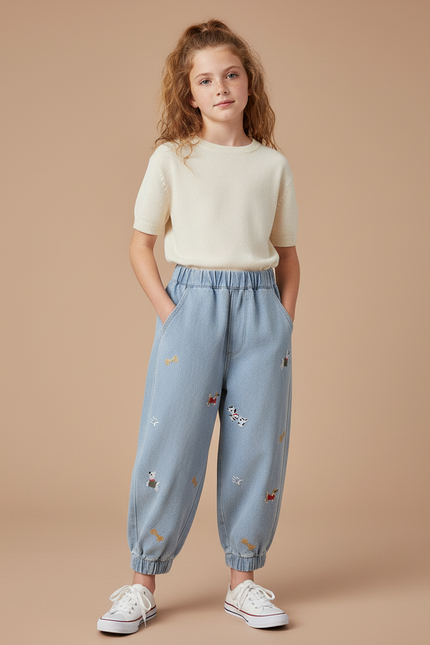 Pantalon Parachute Brodé Chiens Denim Ample Enfant - Bleu Jean