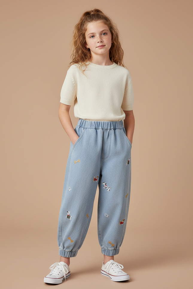 Pantalon Parachute Brodé Chiens Denim Ample Enfant - Bleu Jean