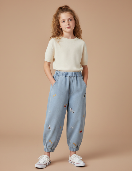 Pantalon Parachute Brodé Chiens Denim Ample Enfant - Bleu Jean