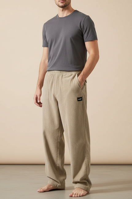 Pantalon Parachute Beige Côtelé Ample Homme Décontracté Sport - Cordé