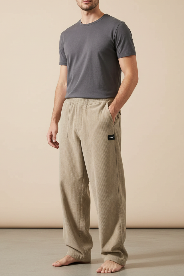 Pantalon Parachute Beige Côtelé Ample Homme Décontracté Sport - Cordé