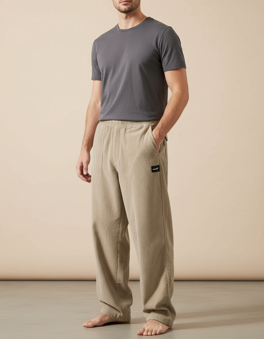 Pantalon Parachute Beige Côtelé Ample Homme Décontracté Sport - Cordé