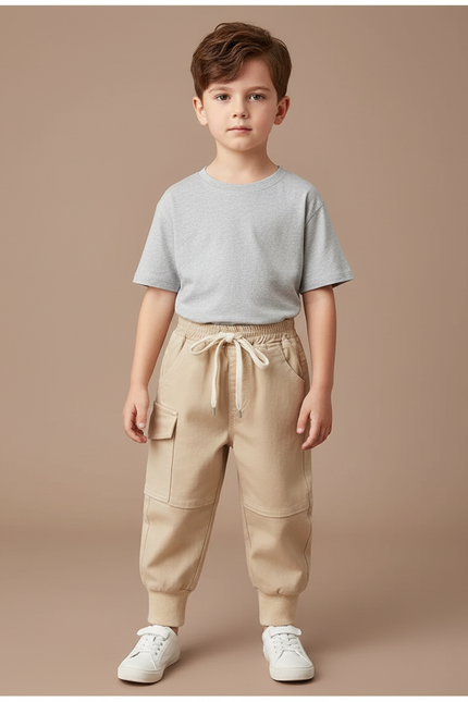 Pantalon Parachute Beige Cargo Ample Coton Garçon Décontracté